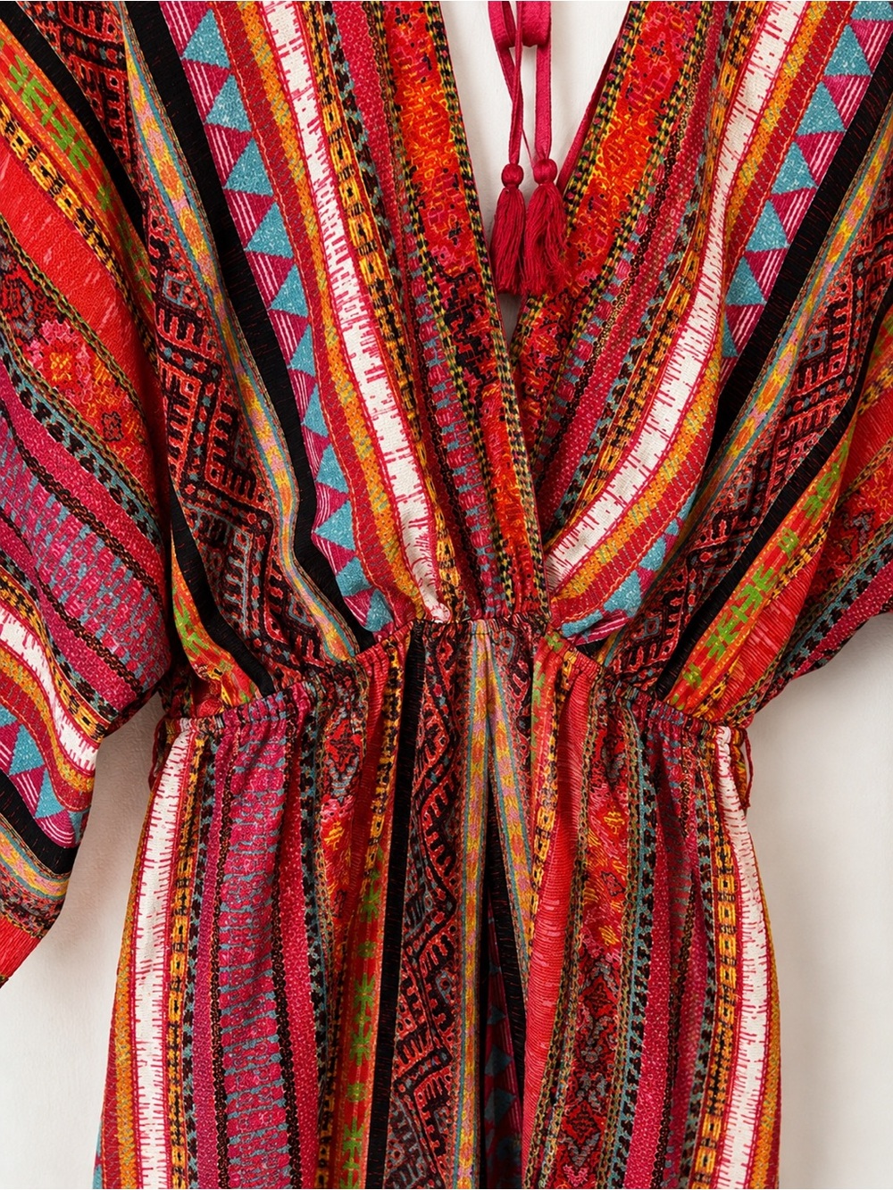 Flying Tomato Red Multi-Stripe Boho V-Neck Tie-Waist Romper - Picture 3 of 4